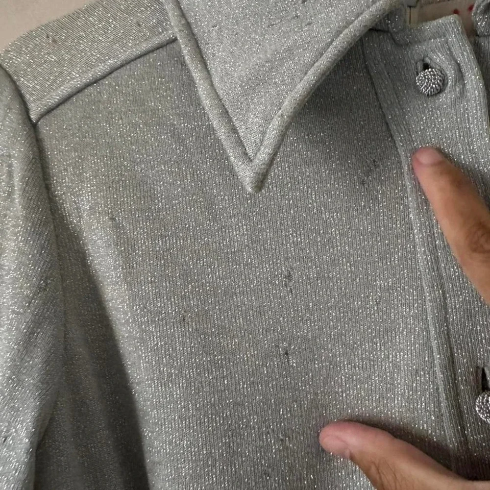 70s Silver Lurex Maxi Dress Disco Metallic Showgirl Shirt Collar Medium Vintage - Picture 4 of 9